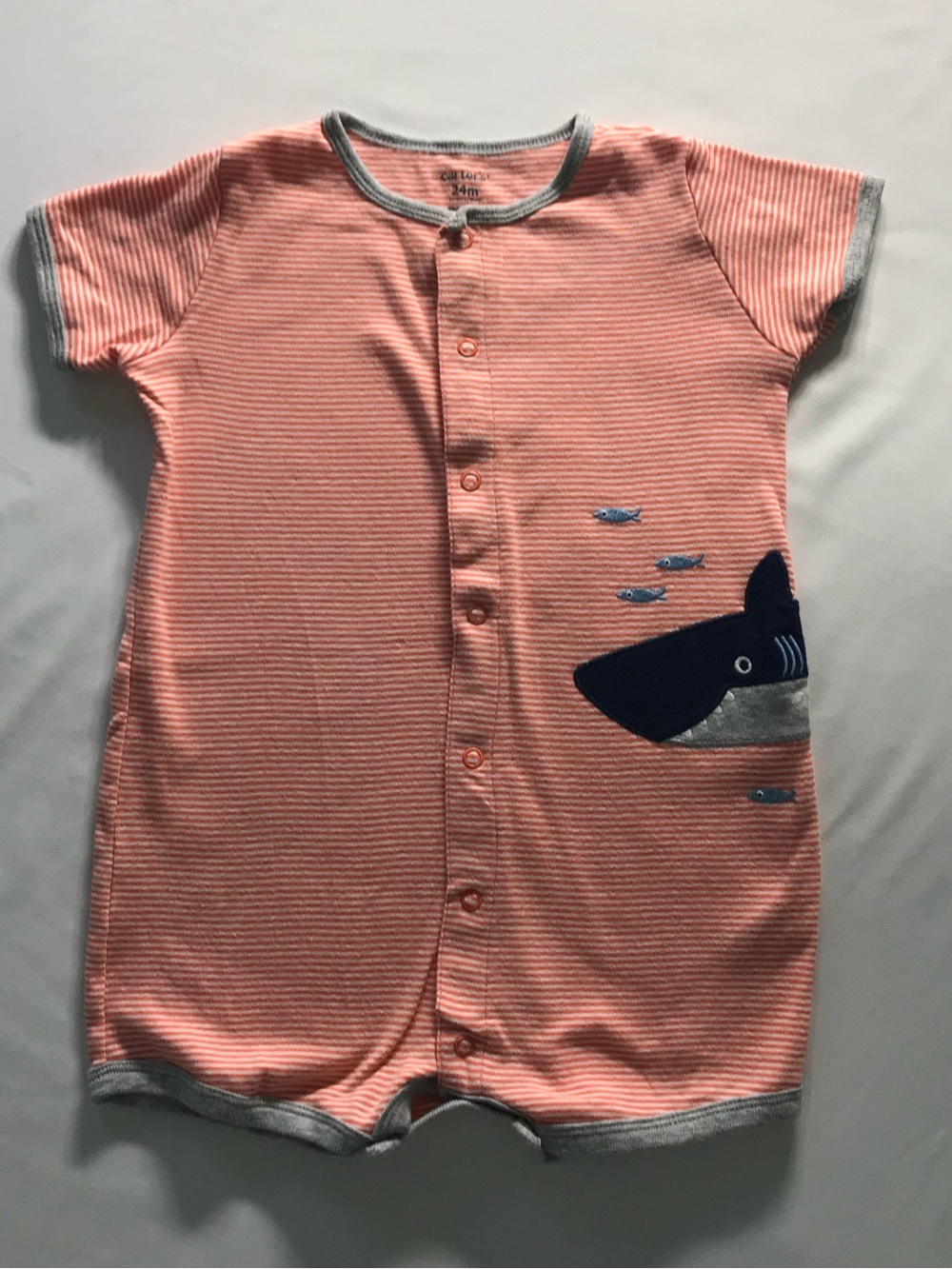 Carter's Coral Pink Striped Shark Short-Sleeve Pajama Romper